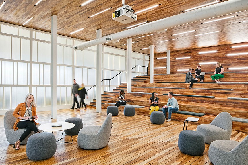 Confidential energy client headquarters collaboration space with steps