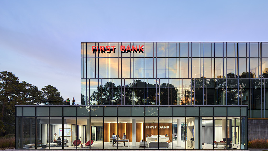 A building with glass windows.