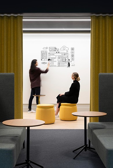 Two women whiteboarding in Citrix Cambridge collaboration space