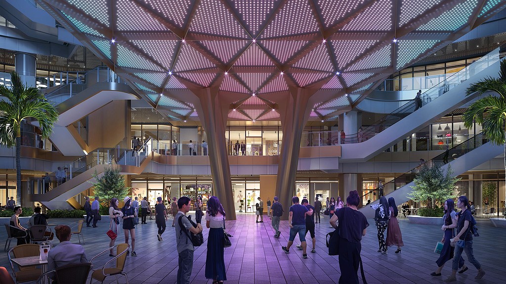 CEC Vanke Shenzhen Bay Headquarters retail bridge nighttime rendering