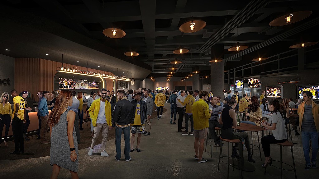 Crypto.com Arena bar rendering with Lakers fans