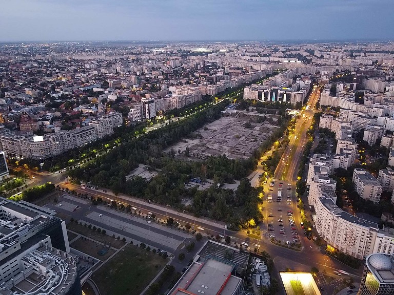 The Justice District aerial nighttime rendering before construction