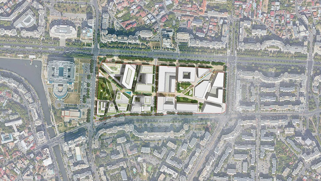 The Justice District close-up satellite map rendering