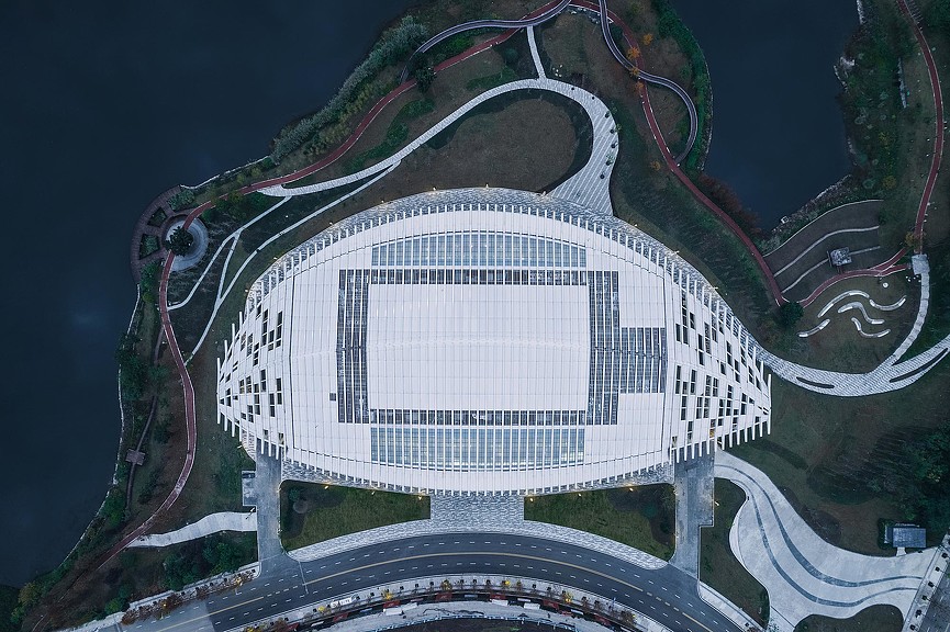 Lijia Smart Hall aerial view from directly above.