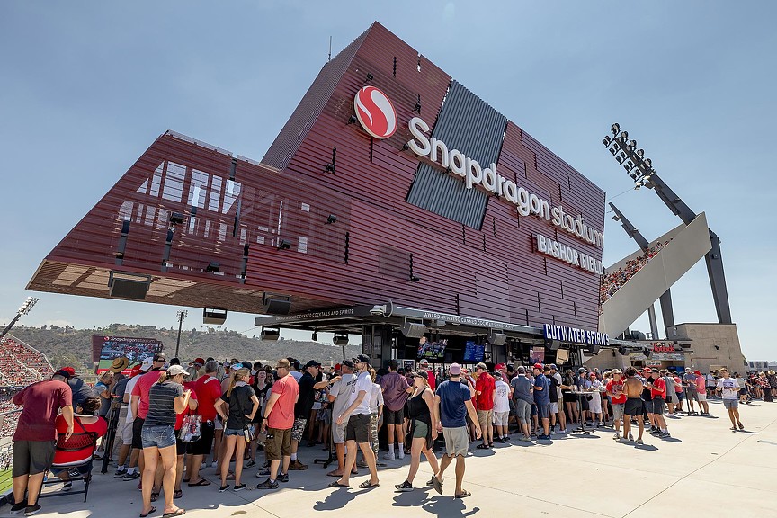 Fans gathered at Snapdragon Stadium terrace bar.