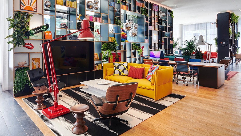 citizenM NoMa hotel lobby interiors.