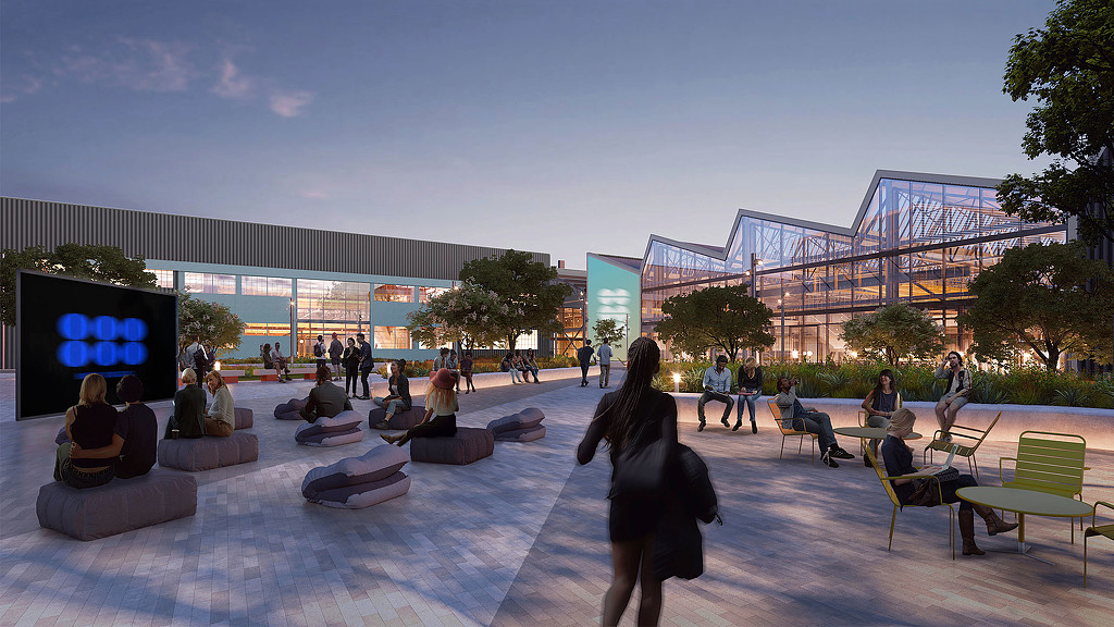 888 Douglas outdoor plaza rendering in the evening.
