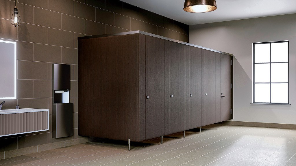 A room with a wood cabinet.