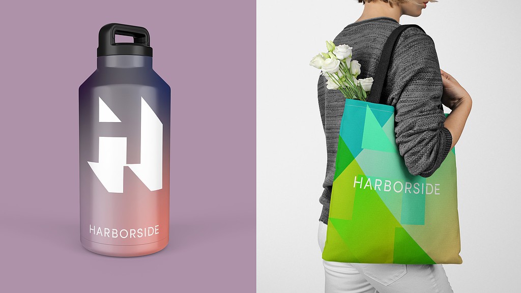 Harborside branded water bottle and tote.