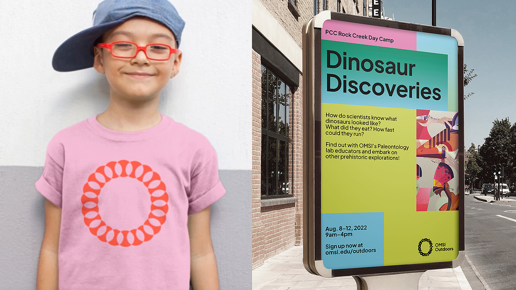 Side-by-side composite of a boy wearing an OMSI hat and t-shirt, and an OMSI street poster.