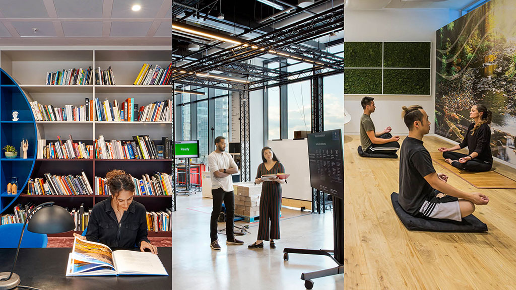 A group of people in a mix of spaces in the workplace.