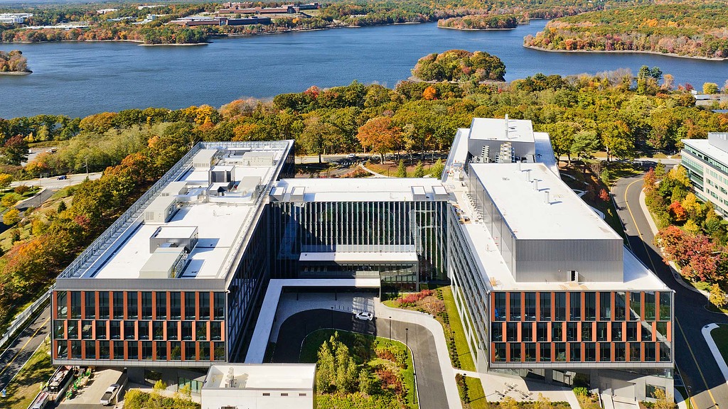 Aerial view of 225 Wyman adjacent to a river