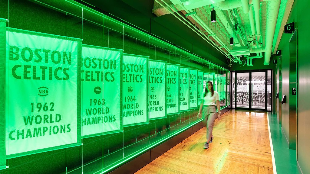 Elevator lobby entrance with Boston Celtics championship banners at the Celtics workplace