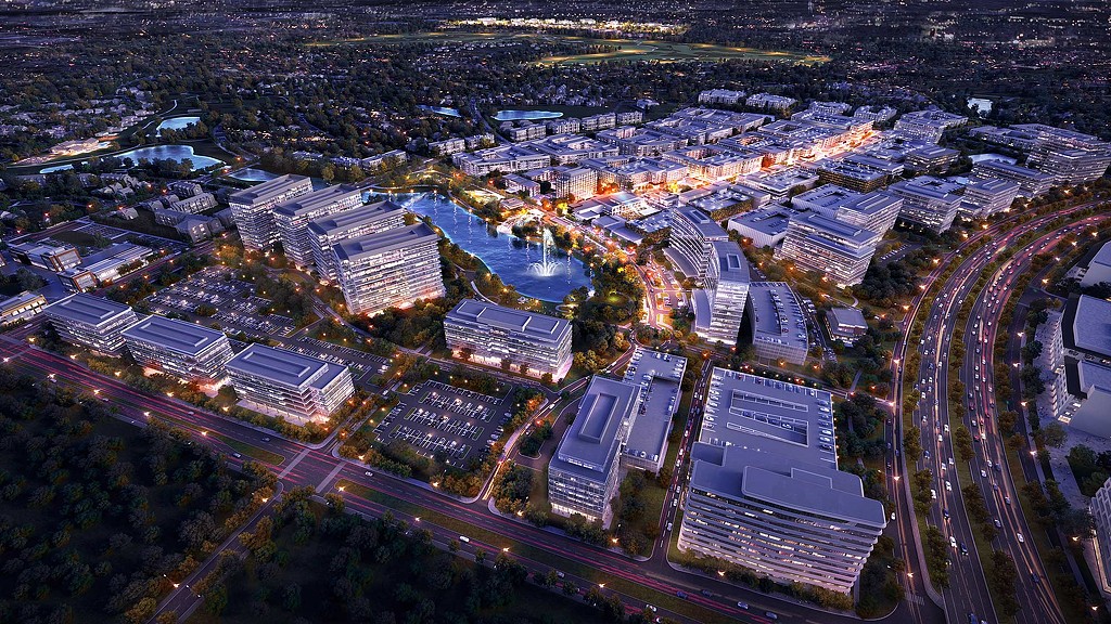 Fields West Master Plan aerial nighttime rendering
