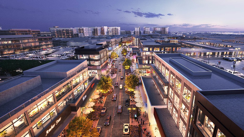 Fields West Master Plan nighttime street rending with buildings