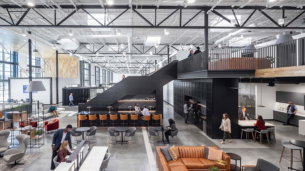 Large interior work space stair case and lounge areas