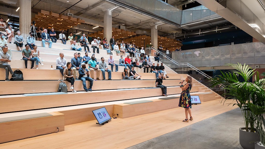 A woman presenting to audience on auditorium steps of the Ion