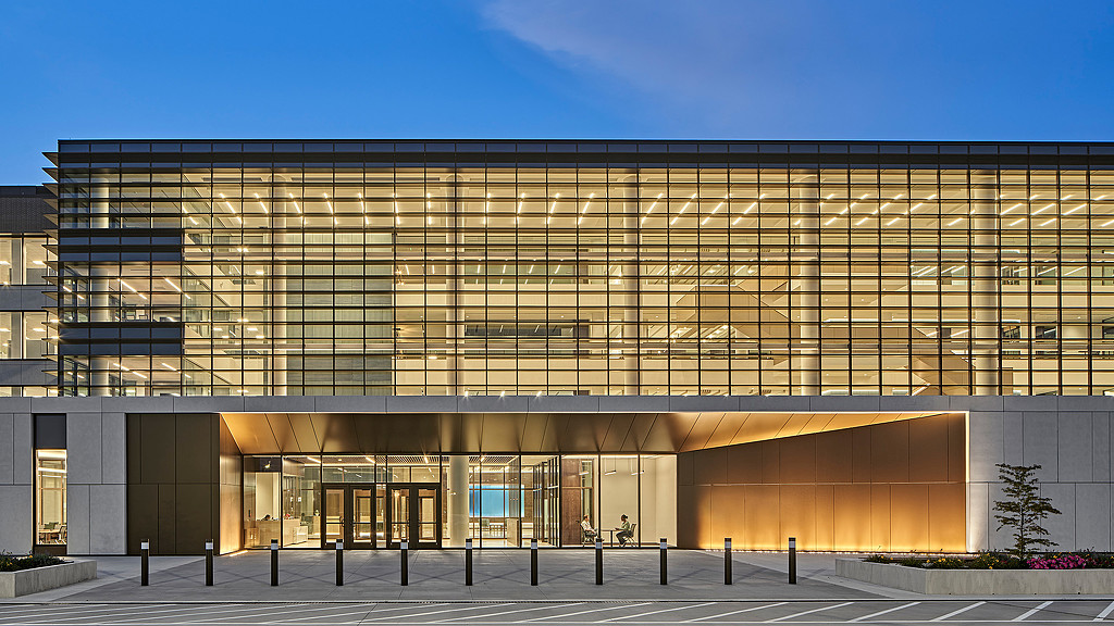 The glass entrance of auto owners in detroit