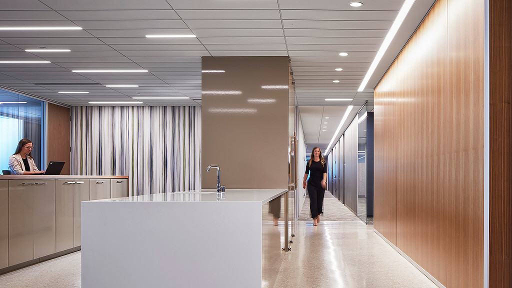 A modern office area with an airy hallway at Stinson Leonard Minneapolis