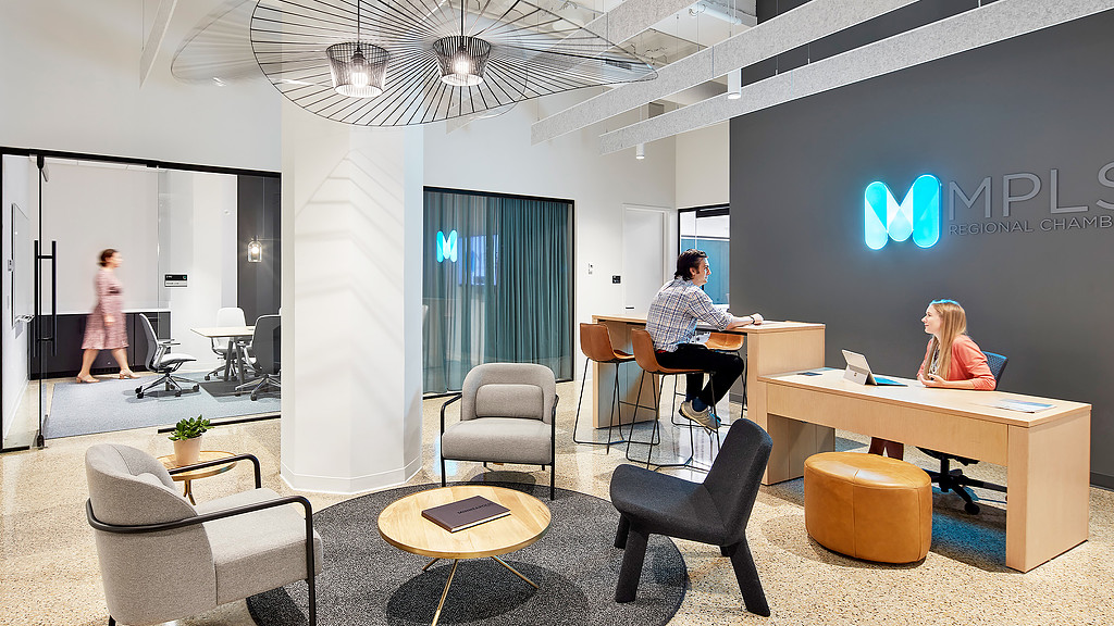 The reception area at the Minneapolis Chamber of Commerce with casual lounge seating