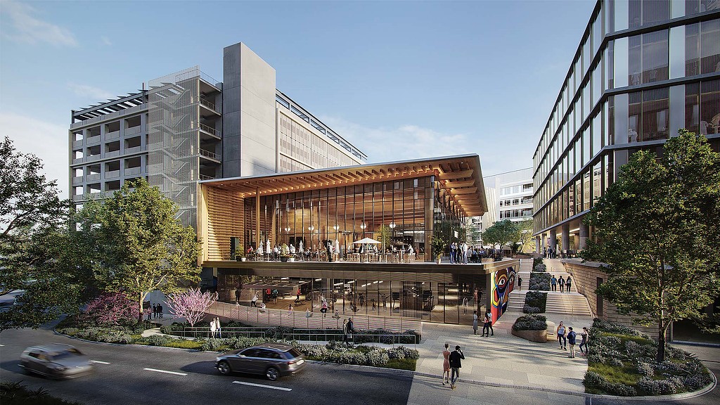 A building with a glass front.