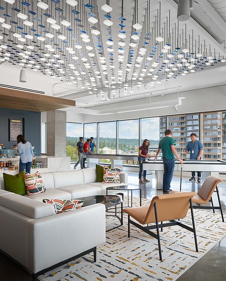 Financial tech firm lounge with couches and pool tables