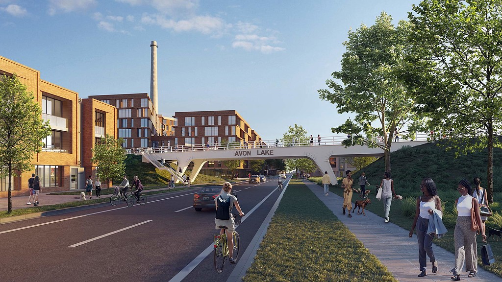 A rendering of Avon Lake Master Plan with someone riding a bike and a bridge over a road