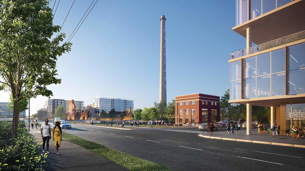 A daytime rendering of Avon Lake Master Plan with a large tower and brick buildings