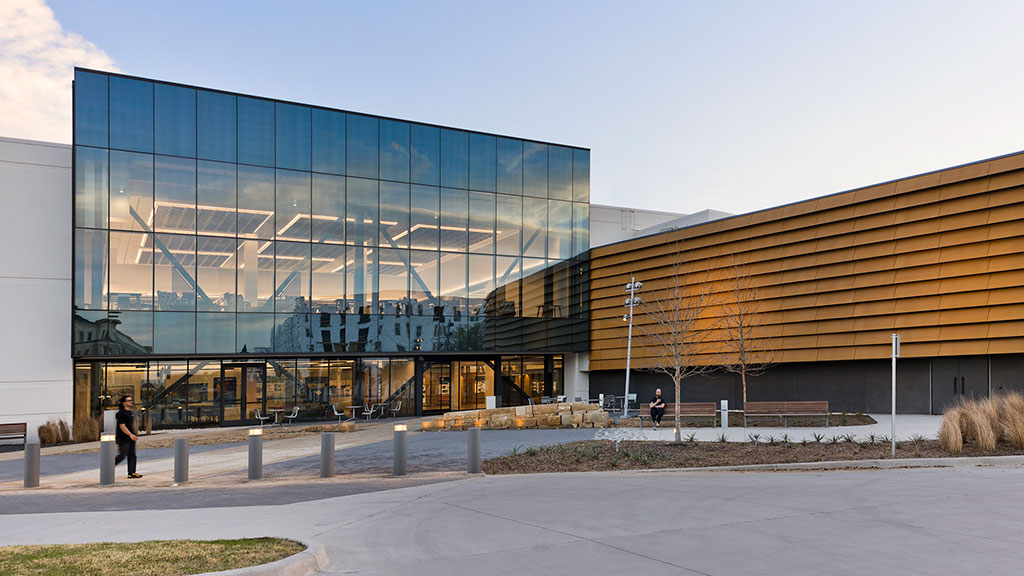A building with glass windows.