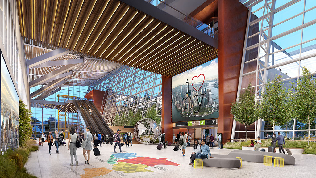 A group of people walking around a building.