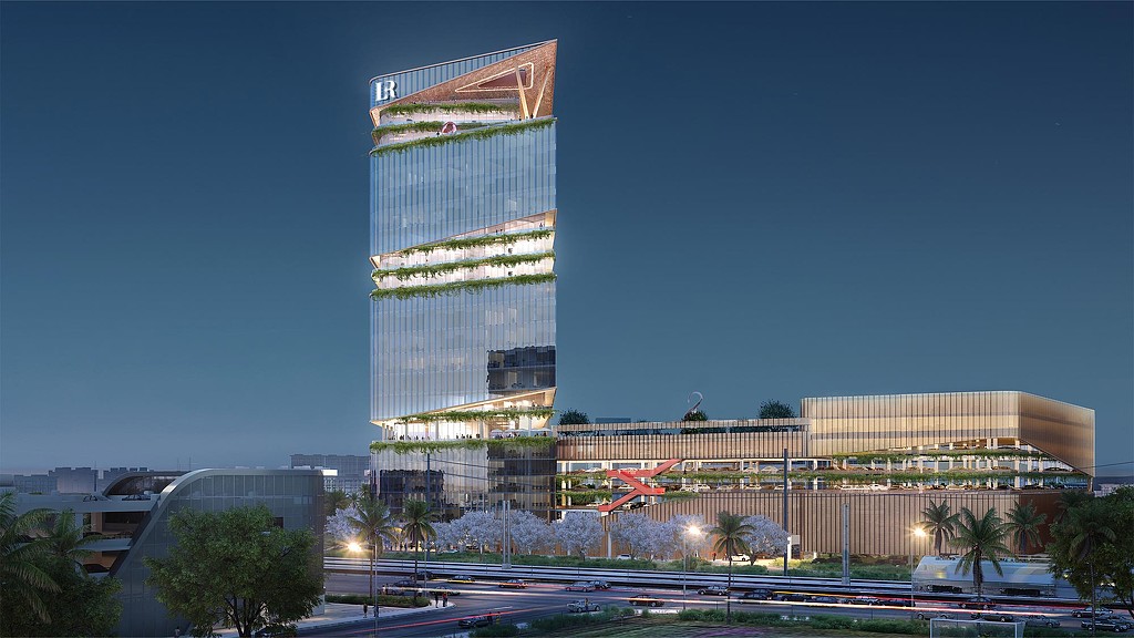 A tall building with a glass front.