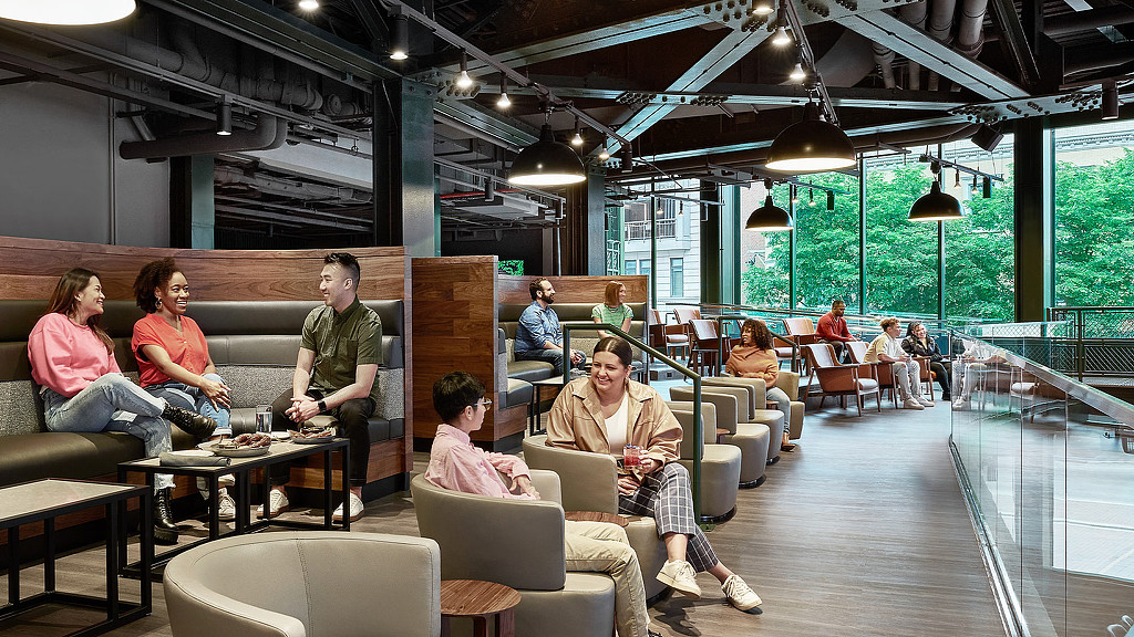 The balcony at Draftkings entertainment center with informal lounge seating