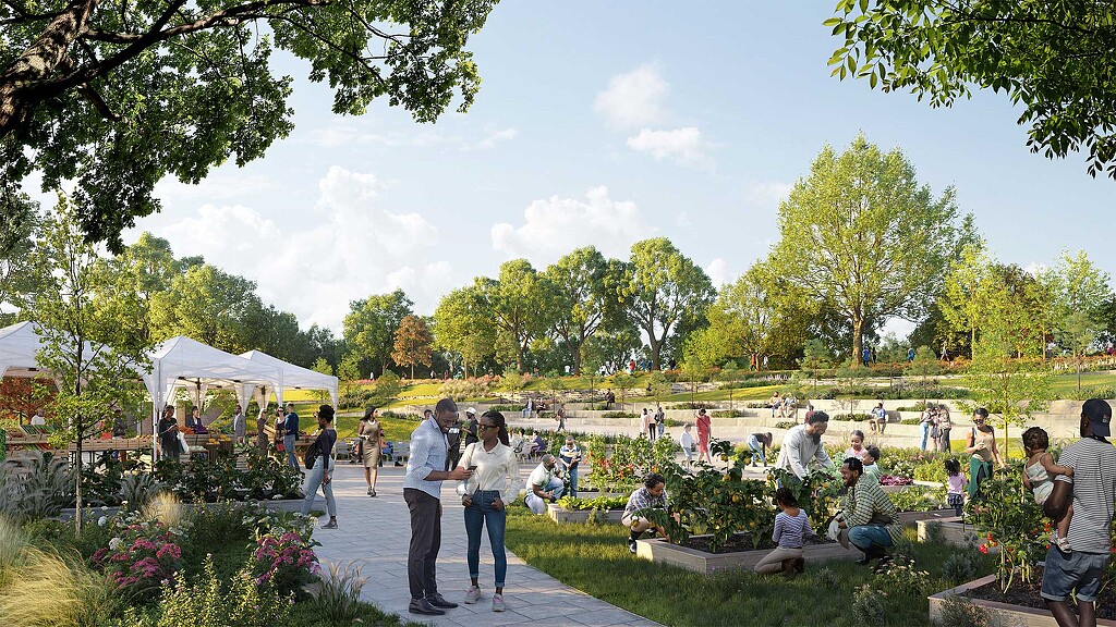 People walking around a park at the Englewood Line Redevelopment Trail