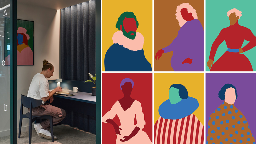 Composite of man in private workspace and colorful abstract portraits