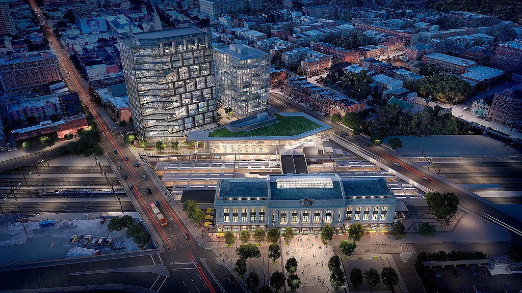 Amtrak Baltimore Penn Station Lanvale Expansion aerial nighttime rendering