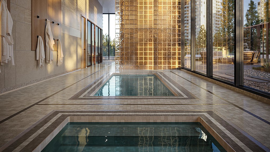 A swimming pool in a building.