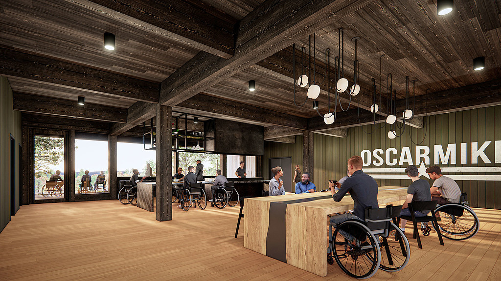 A large cafe amenity space with roll-up tables