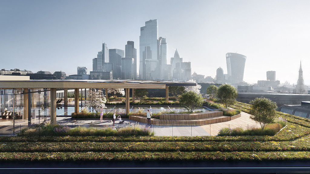 A city skyline with a park.