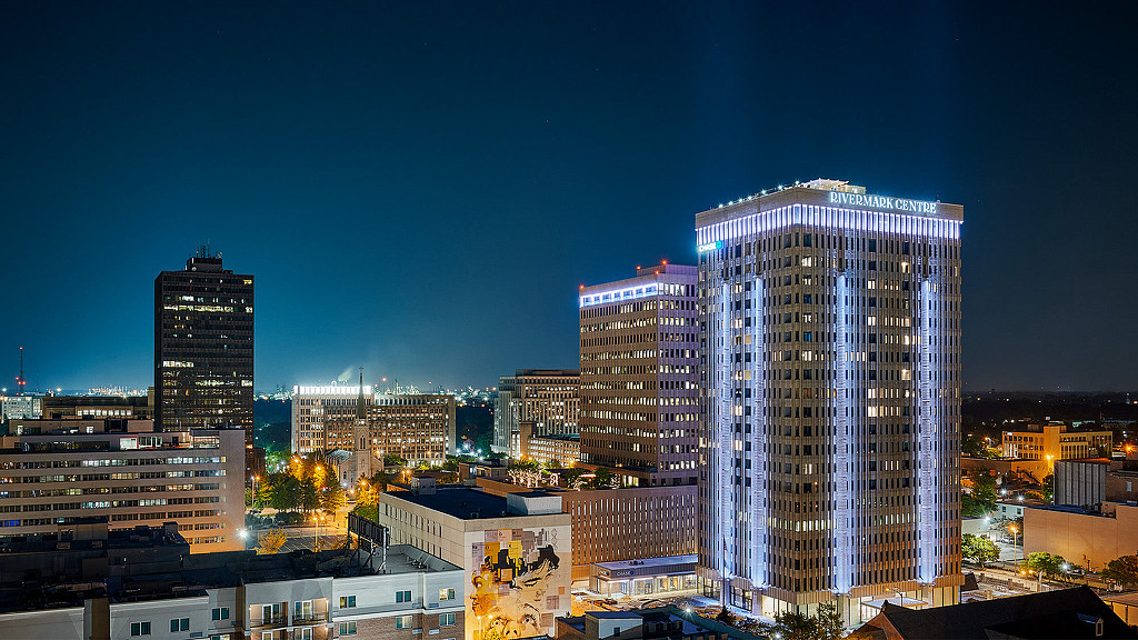 The Residences at Rivermark aerial nighttime view