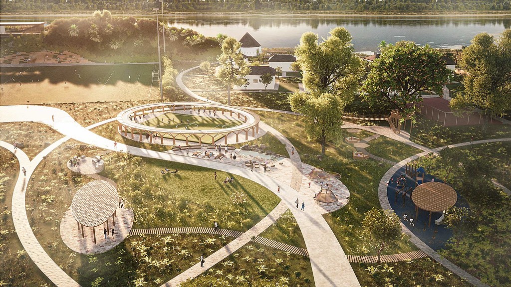 A large courtyard with a building in the middle.