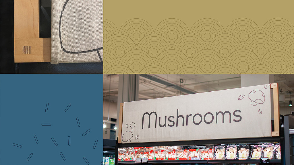 Collage of Uwajimaya Mushrooms signage and graphics