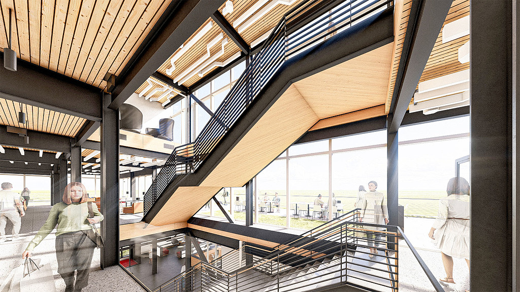 A group of people walking around a building.