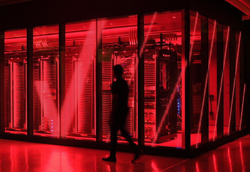 Verizon Innovation Center, San Francisco dark server room with red lighting