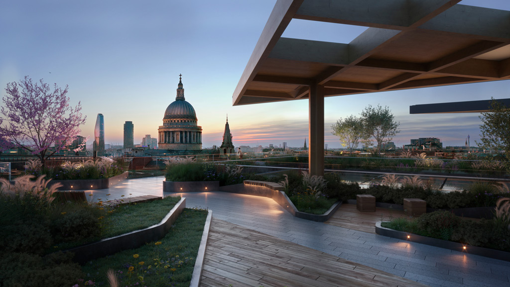 A wooden deck with a building in the background.