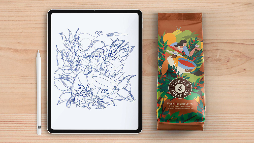 Espresso Americano drawing on iPad and finished coffee bag art