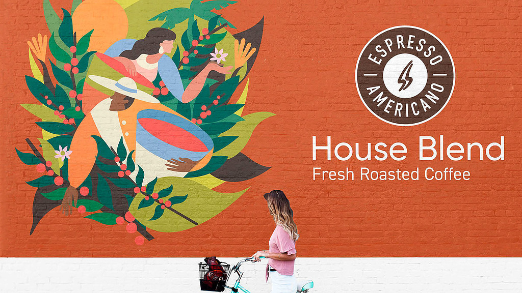 Espresso Americano art and logo on brick wall