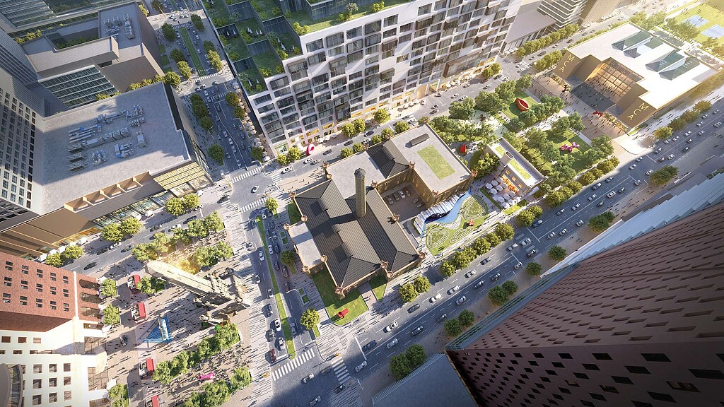 Exterior aerial rendering of proposed Michigan Avenue changes