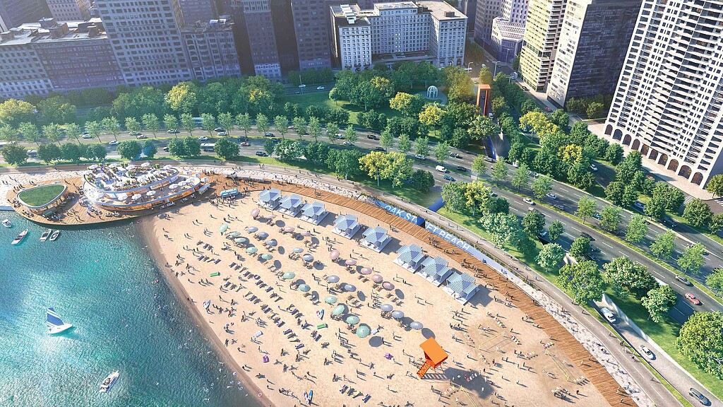 Exterior rendering of Chicago lakefront with proposed Michigan Avenue changes