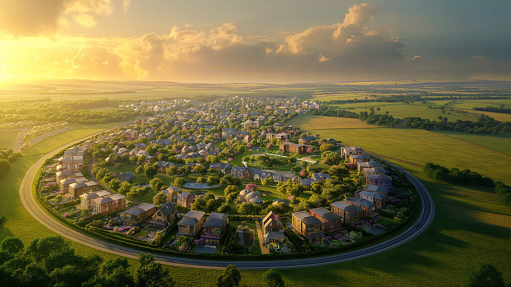 A town surrounded by trees.