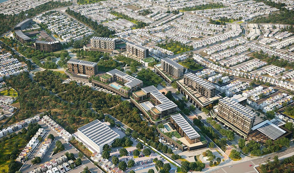 An aerial view of a city.